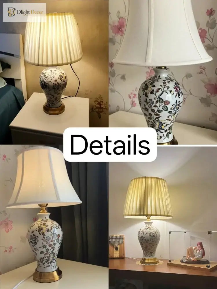 Set of views: floral ceramic table lamp with pleated cream shade and gold base.