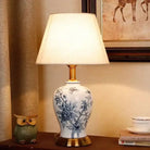 Retro ceramic LED desk lamp with blue floral pattern base and white fabric shade