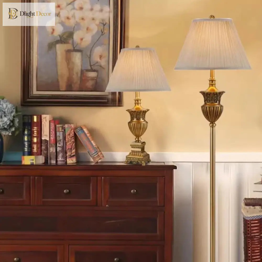 Set of three LED table lamps with beige pleated shades and gold bases
