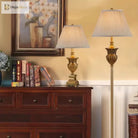 Set of three LED table lamps with beige pleated shades and gold bases