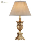 LED desk lamp with beige pleated shade and ornate gold base