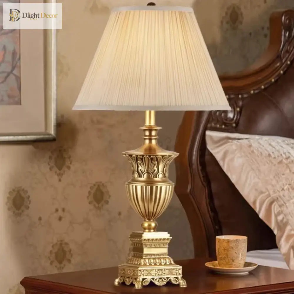LED desk lamp with beige pleated shade and ornate gold pedestal base