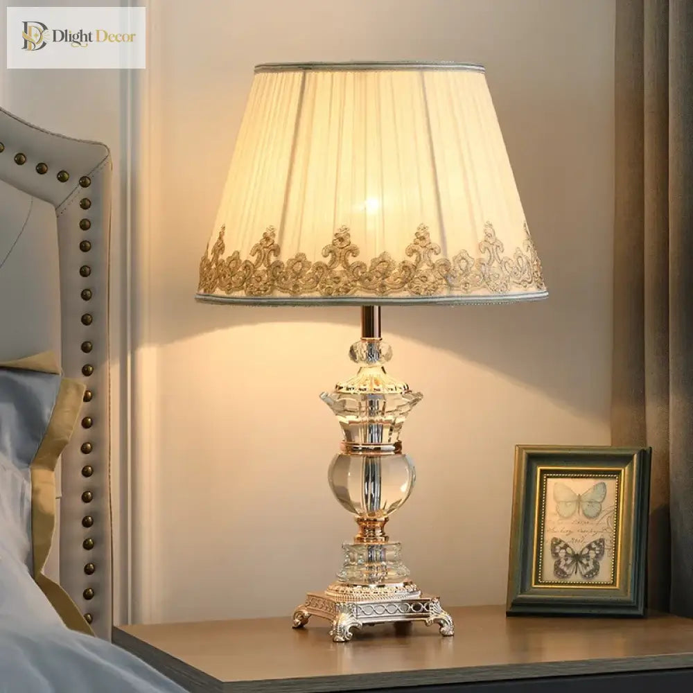 Retro crystal desk lamp with pleated white shade and decorative silver base
