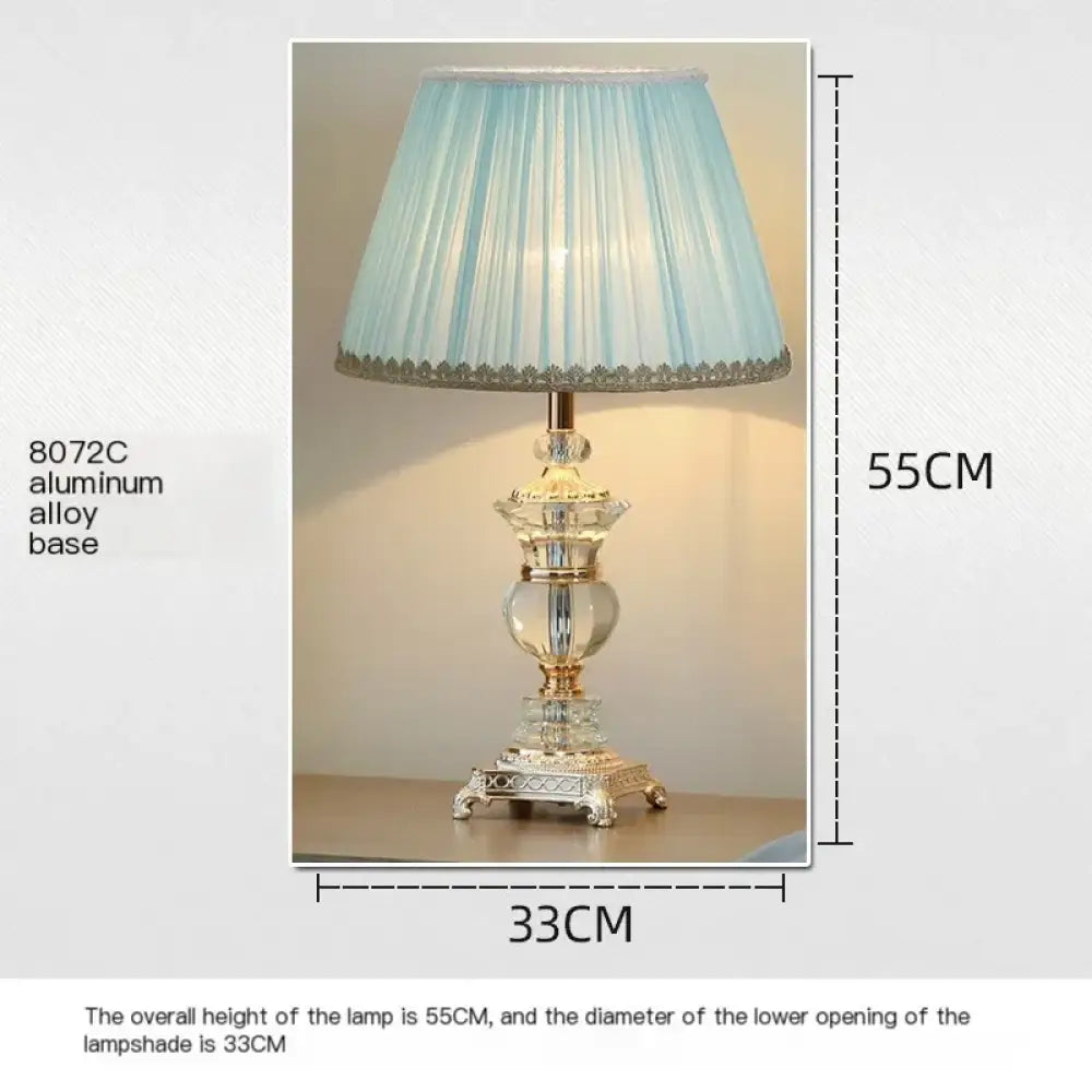 Lamp size diagram: pleated light blue shade with crystal base, 55cm height