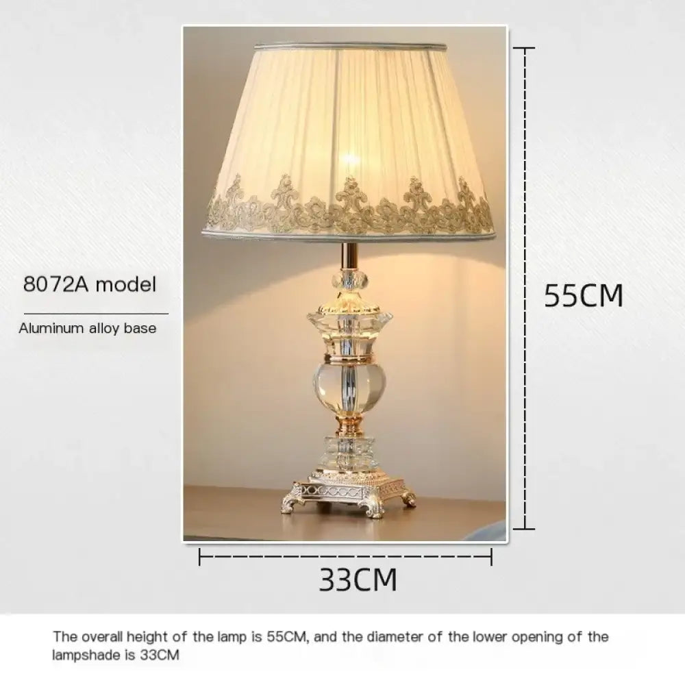 Lamp size diagram: pleated white shade with crystal base, 55cm height