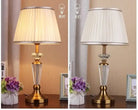 LED table lamp set with teal and white pleated shades, gold bases, clear crystal columns
