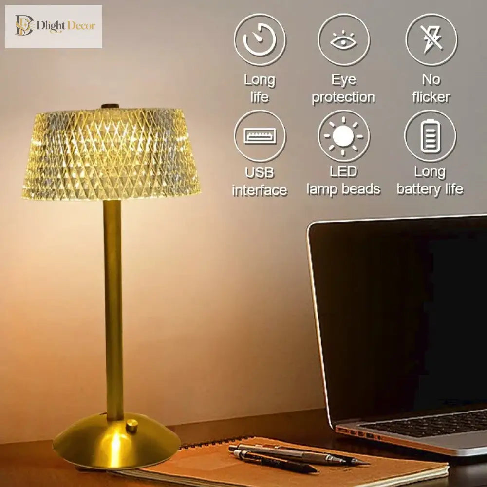 Crystal Diamond Table Lamp - Retro Led Bar Desk With Usb Rechargeable Eye Protection Night Light