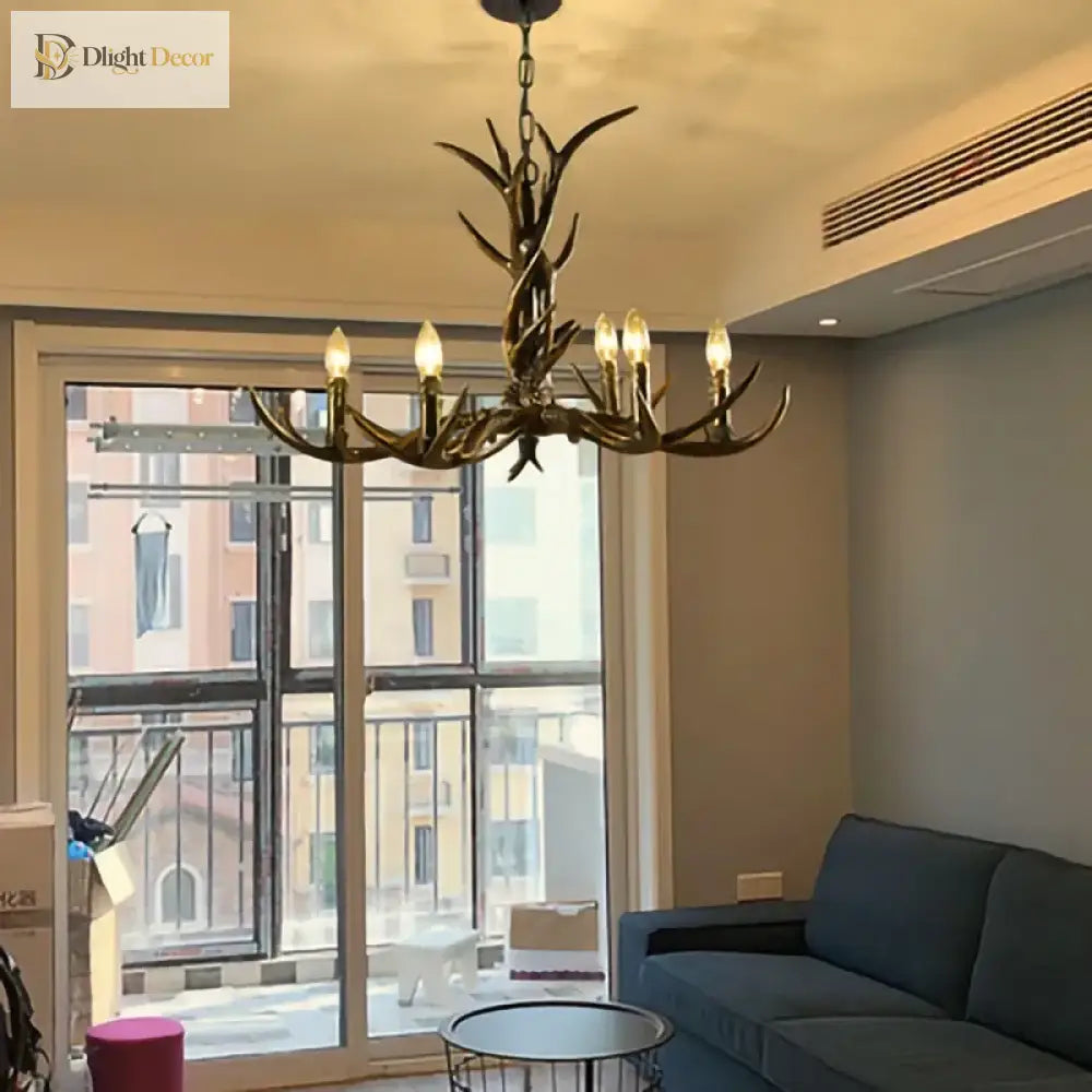 Retro Style Antler Resin Chandelier - Sweeping Gold Spray Paint Finish For Living And Dining Room