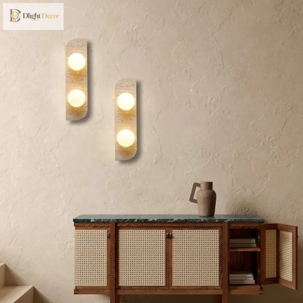Retro Three - Head Natural Stone Art Wall Lamp - Yellow Travertine And White Glass Lampshade For