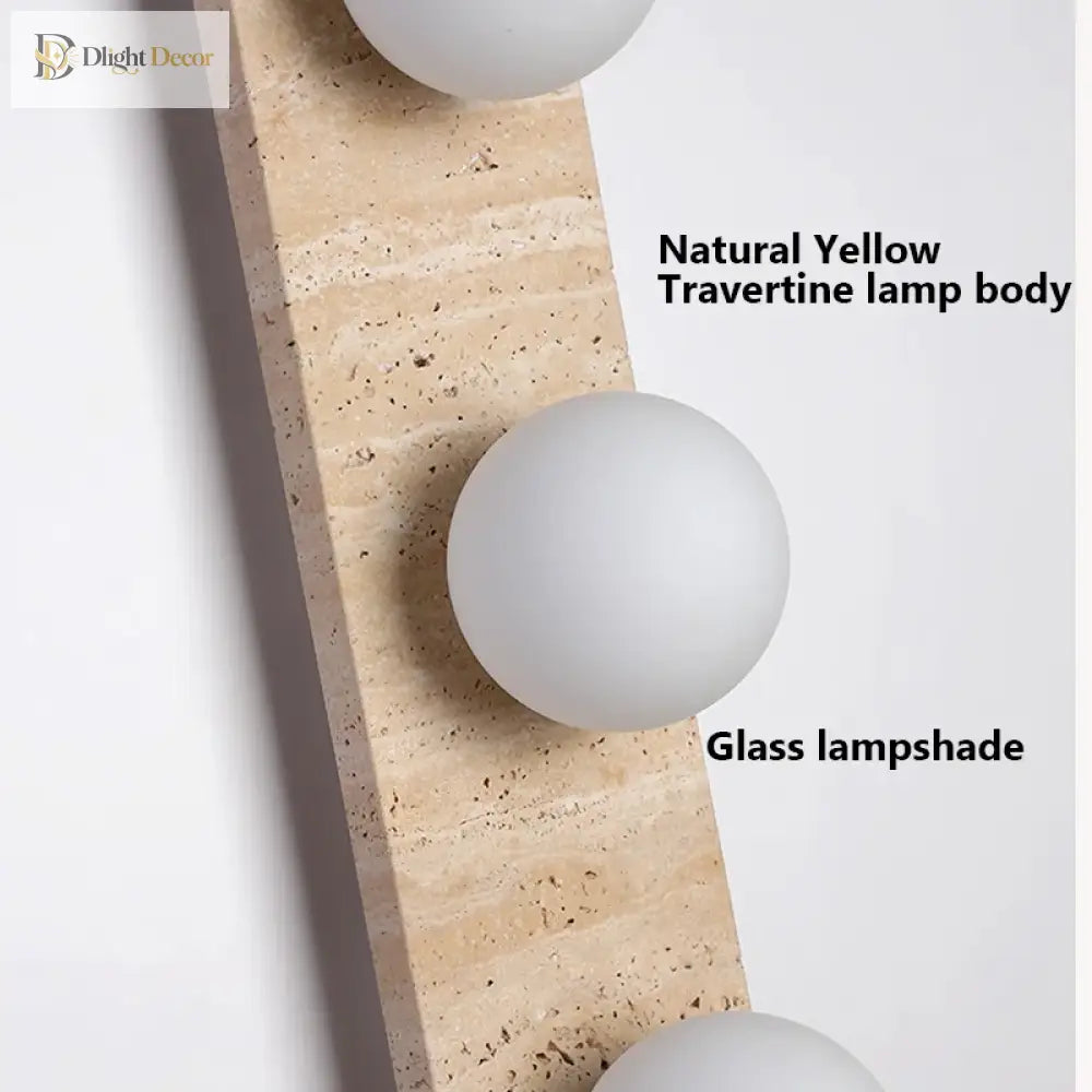 Retro Three - Head Natural Stone Art Wall Lamp - Yellow Travertine And White Glass Lampshade For