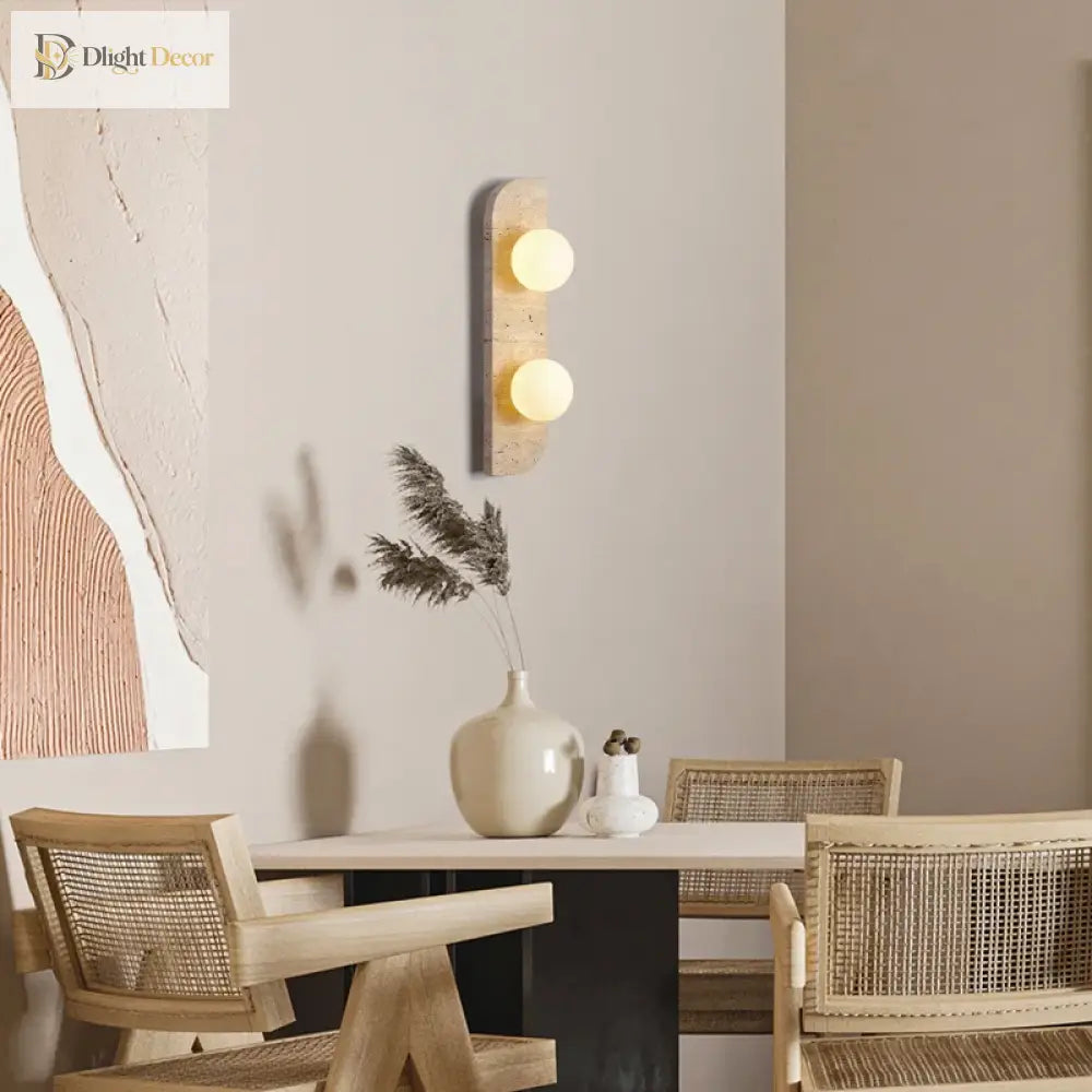 Retro Three - Head Natural Stone Art Wall Lamp - Yellow Travertine And White Glass Lampshade For