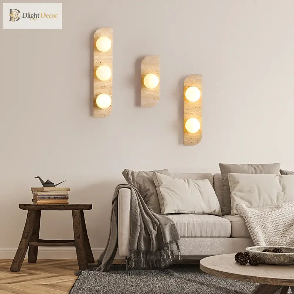 Retro Three - Head Natural Stone Art Wall Lamp - Yellow Travertine And White Glass Lampshade For