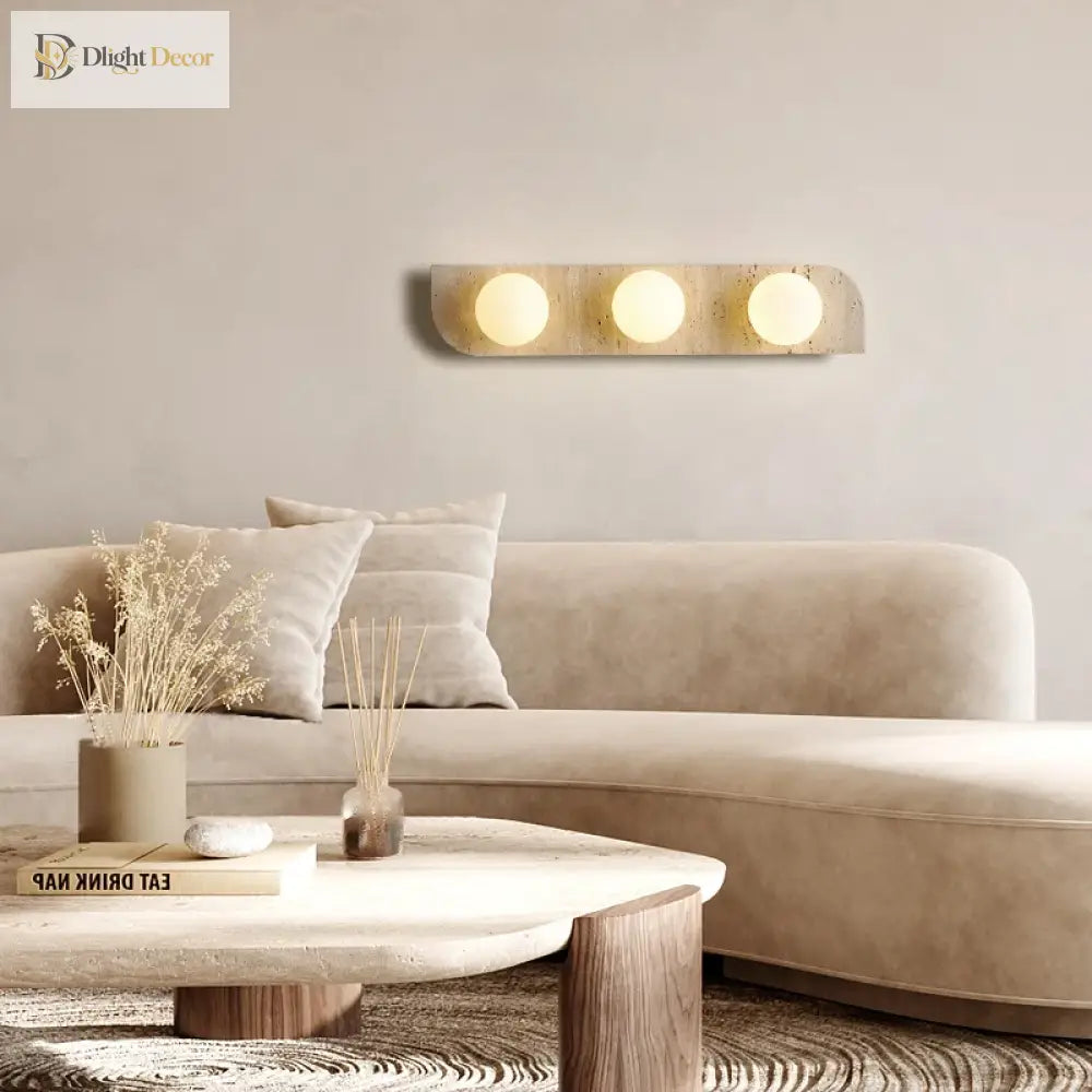 Retro Three - Head Natural Stone Art Wall Lamp - Yellow Travertine And White Glass Lampshade For