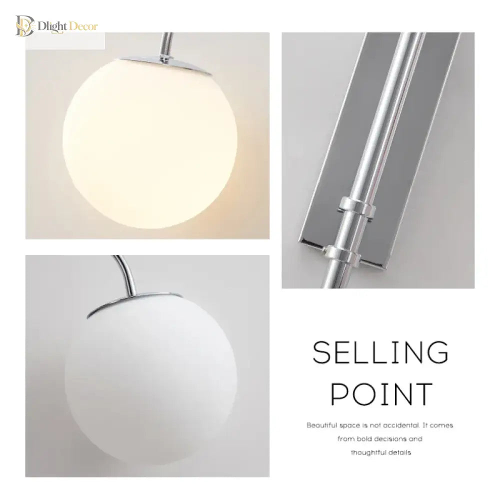 Rocker Arm Wall Lamp - Modern Bedroom And Living Room Reading Light With Milky White Glass Bubble