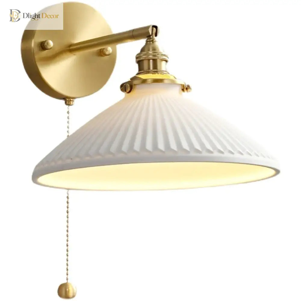 Rotary Brass Ceramic Wall Lamp With Pull Switch - Customizable Led Sconce For Bedroom And Interior