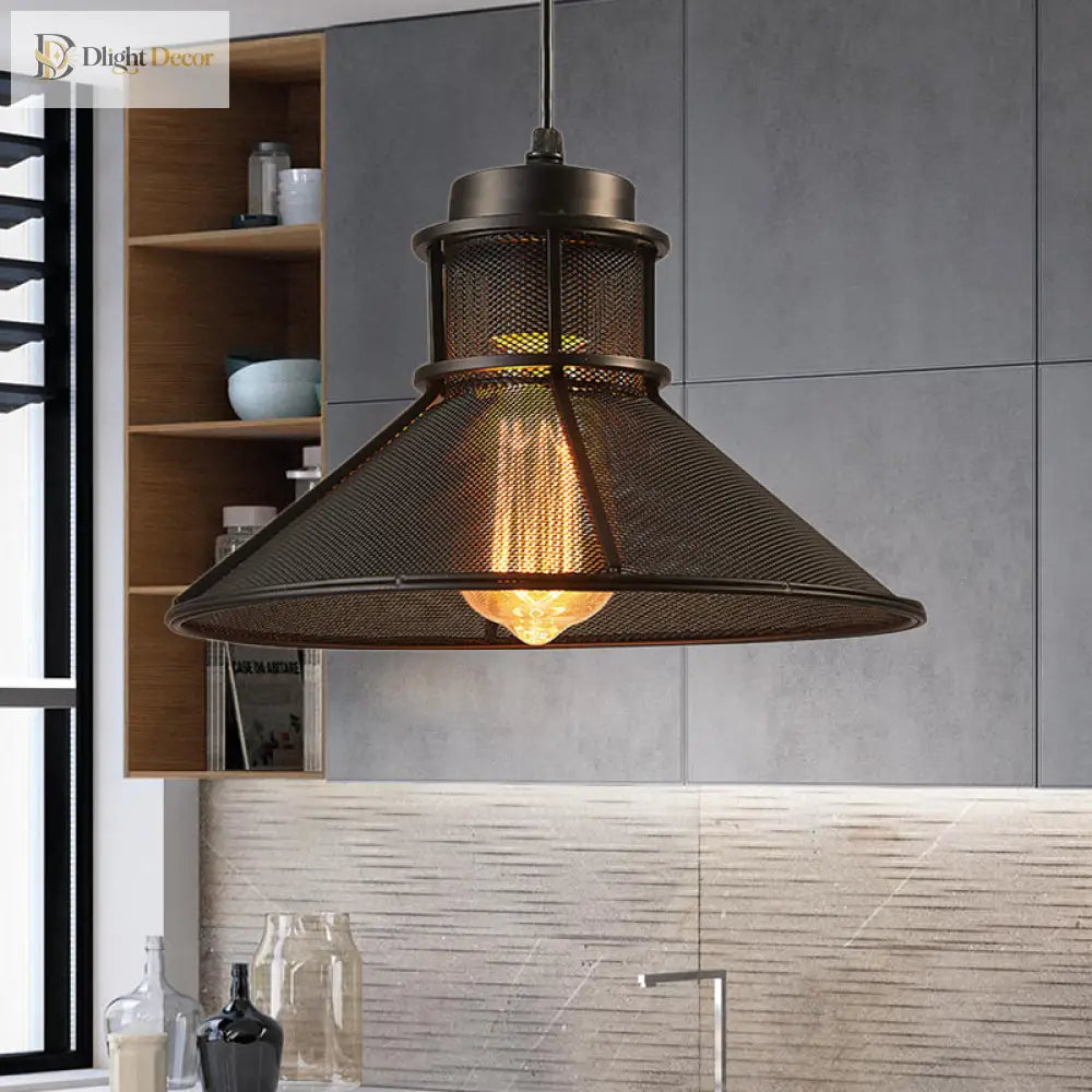 Maxwell - Industrial Cage Pendant Light With Cone Shade (Rust/Black Finish)