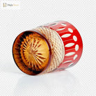 Red diamond-cut crystal whiskey glass with gold-toned faceted side pattern
