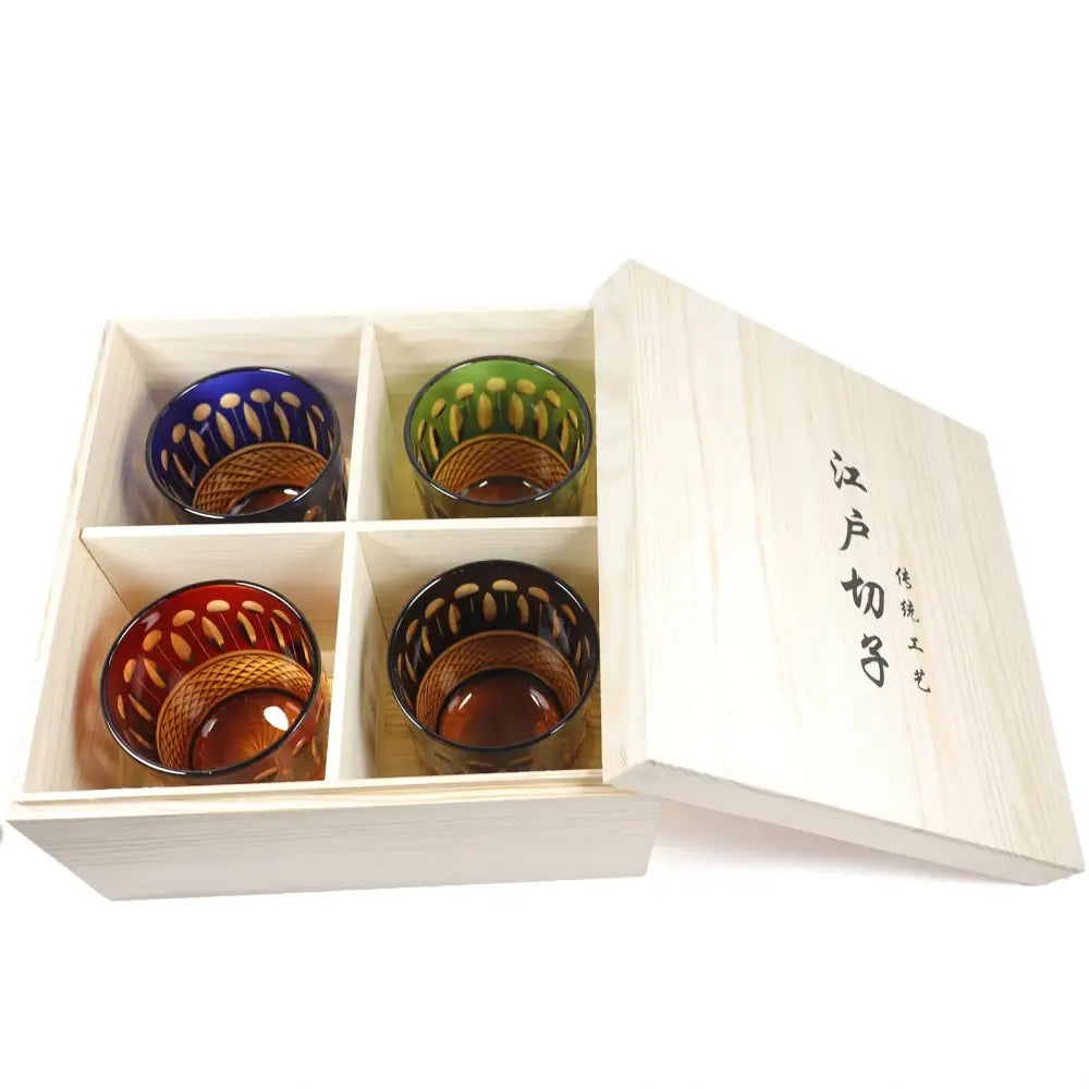 Crystal whiskey glass set of four in open wooden gift box, colored cups