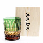 Green diamond-cut crystal whiskey glass with wooden gift box, faceted base