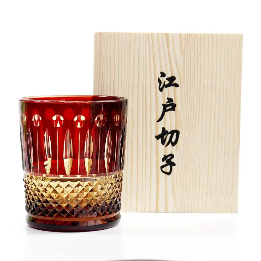 Red diamond-cut crystal whiskey glass with wooden gift box, faceted band