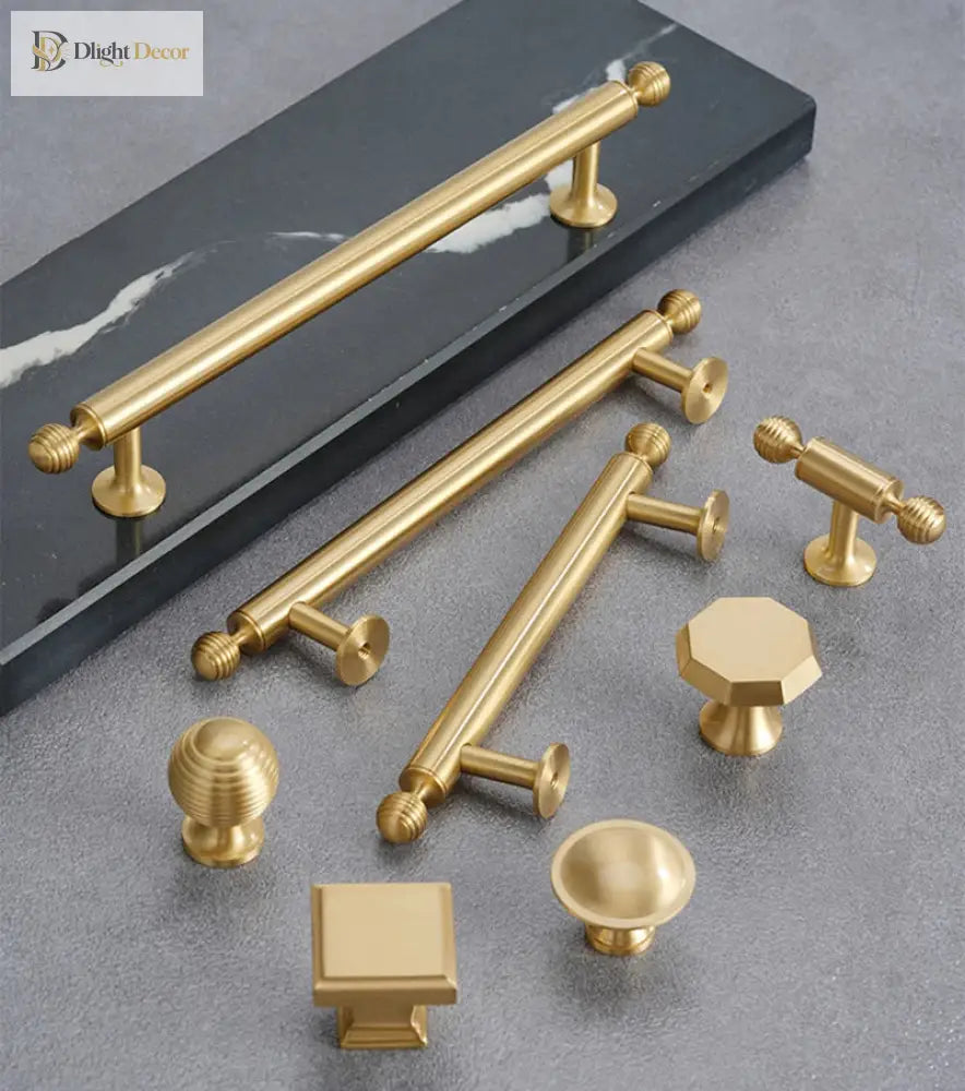Satin Brushed Gold Brass Cabinet Handles – Modern Wardrobe and Drawer Knobs with French Style Handles