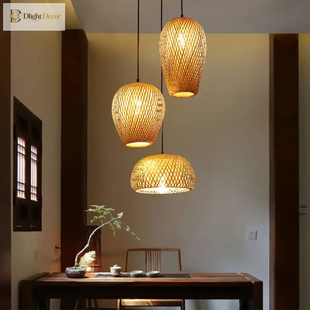 Set Of 3 Modern Hand - Knitted Bamboo Rattan Pendant Lights - Weaving Elegance For Your Home