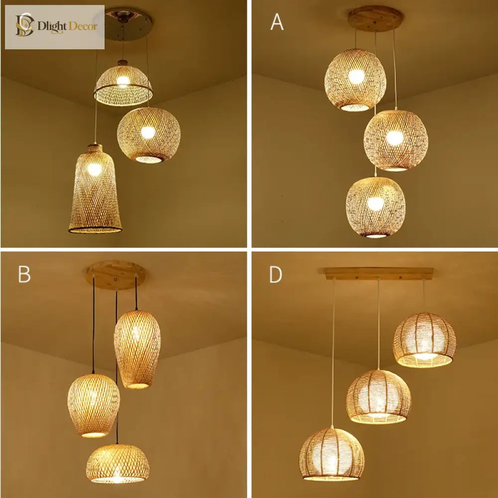 Set Of 3 Modern Hand - Knitted Bamboo Rattan Pendant Lights - Weaving Elegance For Your Home