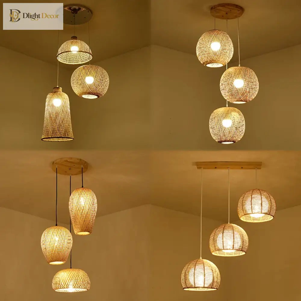 Set Of 3 Modern Hand - Knitted Bamboo Rattan Pendant Lights - Weaving Elegance For Your Home