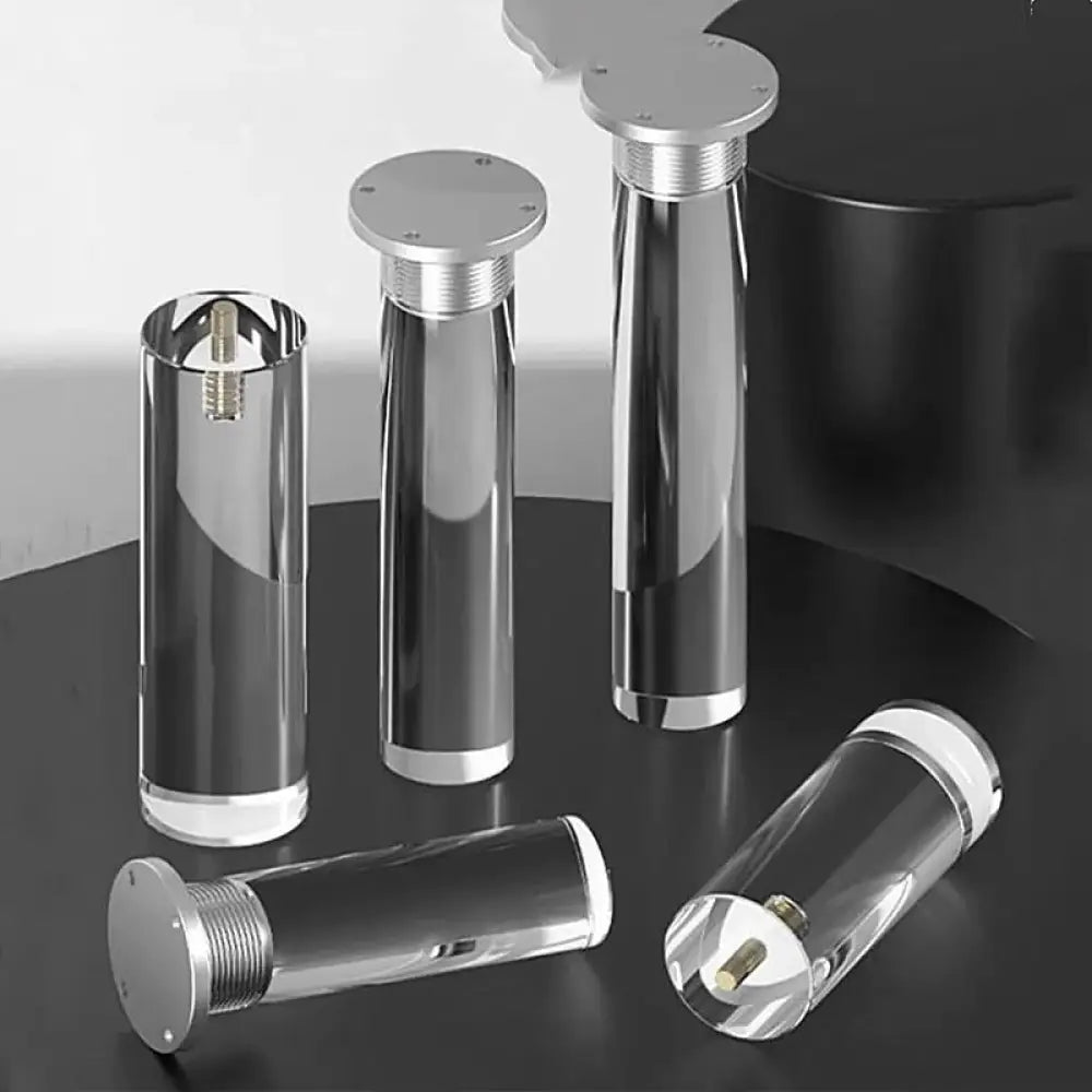 Set of metal adjustable furniture legs with round tops and threaded leveling bases