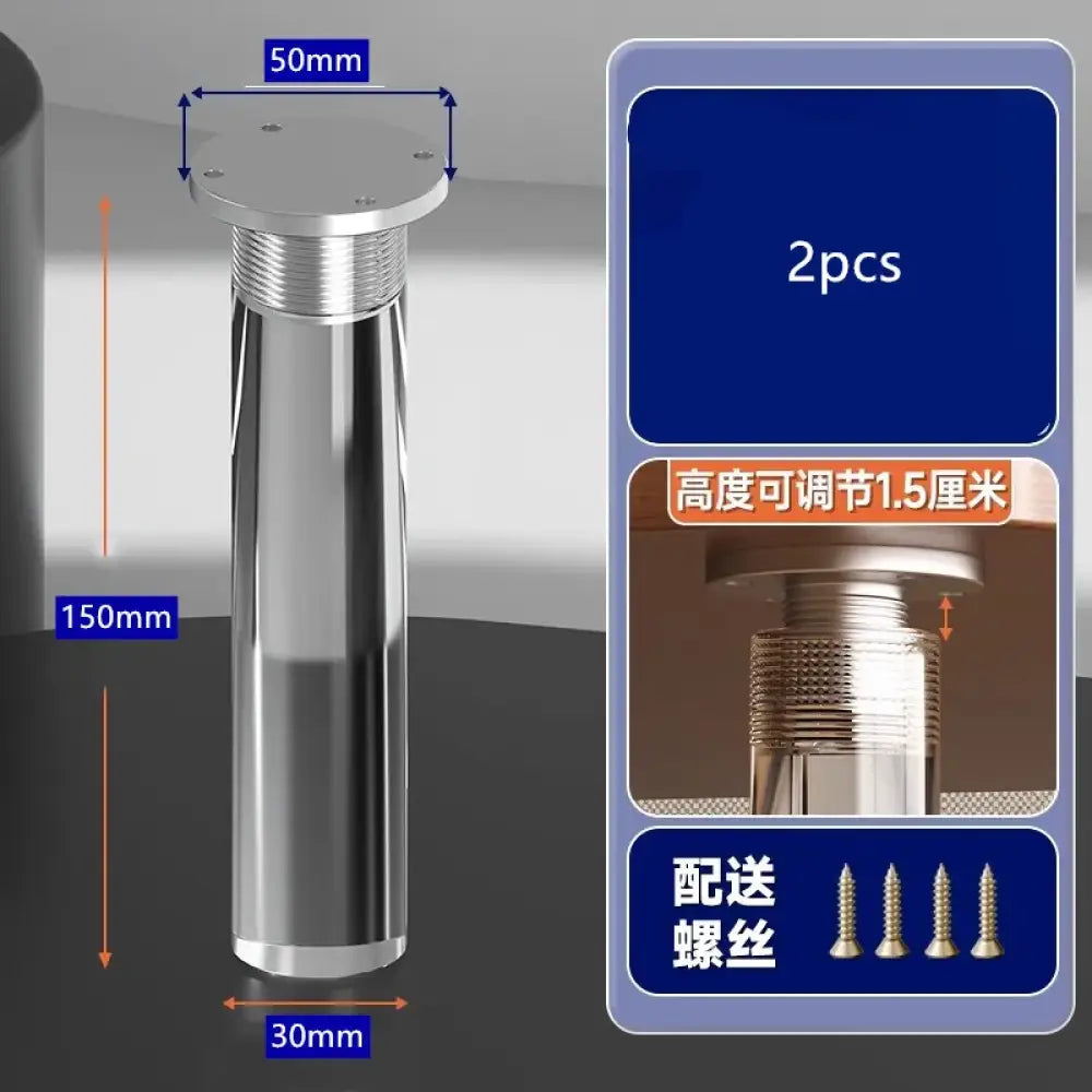 Chrome-finish adjustable furniture leg for cabinets, 150mm height, threaded base