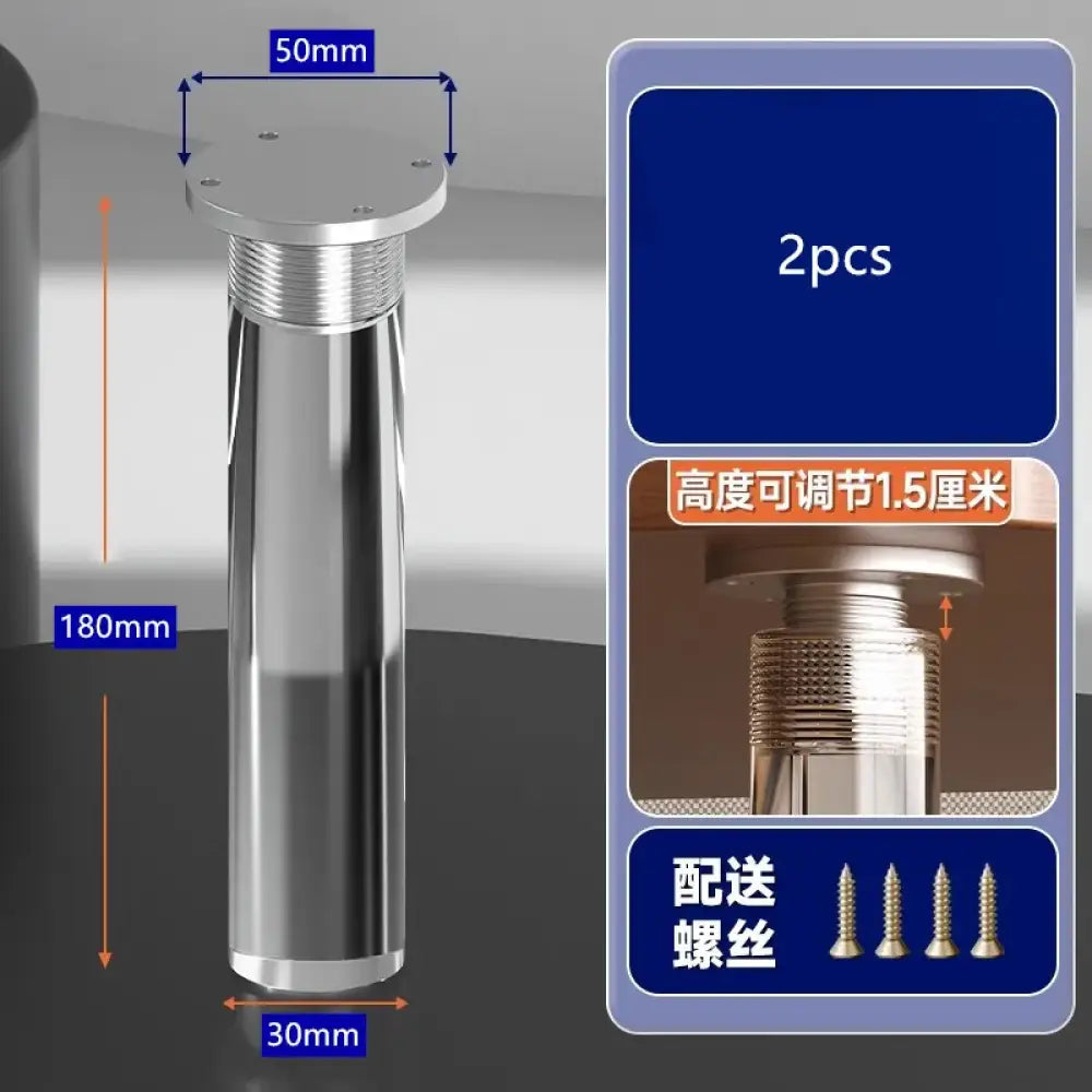 Stainless-style adjustable furniture leg, round top, threaded column, 180mm height shown
