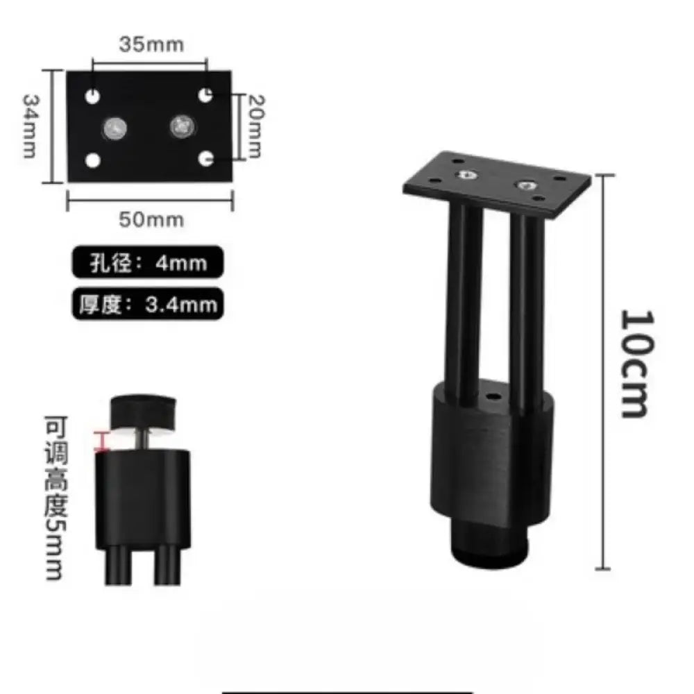 Black adjustable furniture leg, compact height, square mounting plate and leveling base