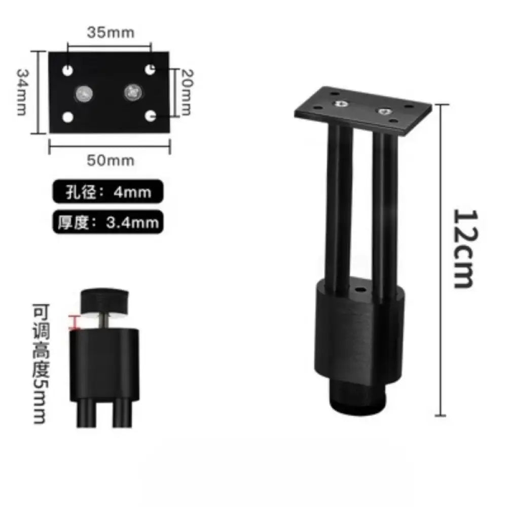 Adjustable black metal furniture leg with mounting plate, threaded base, 12cm height