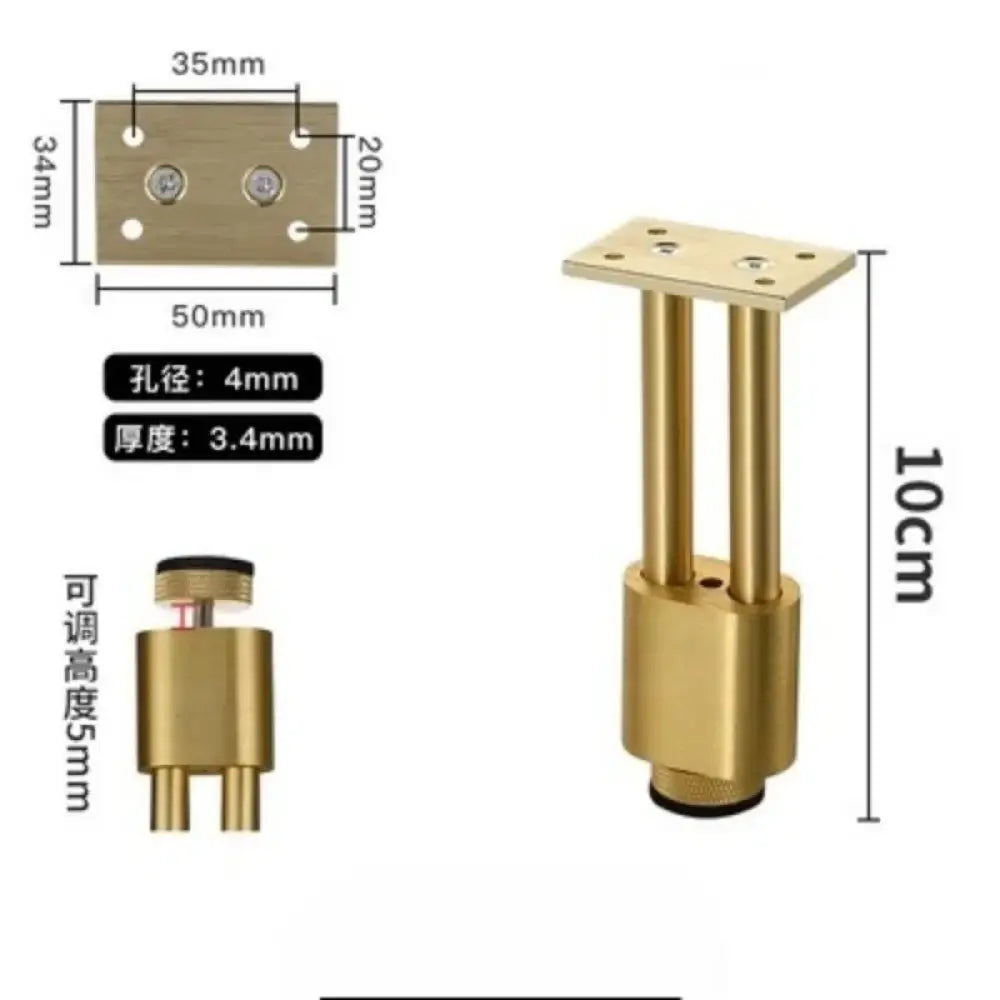 Gold adjustable furniture leg with square mounting plate and height adjuster, with measurements