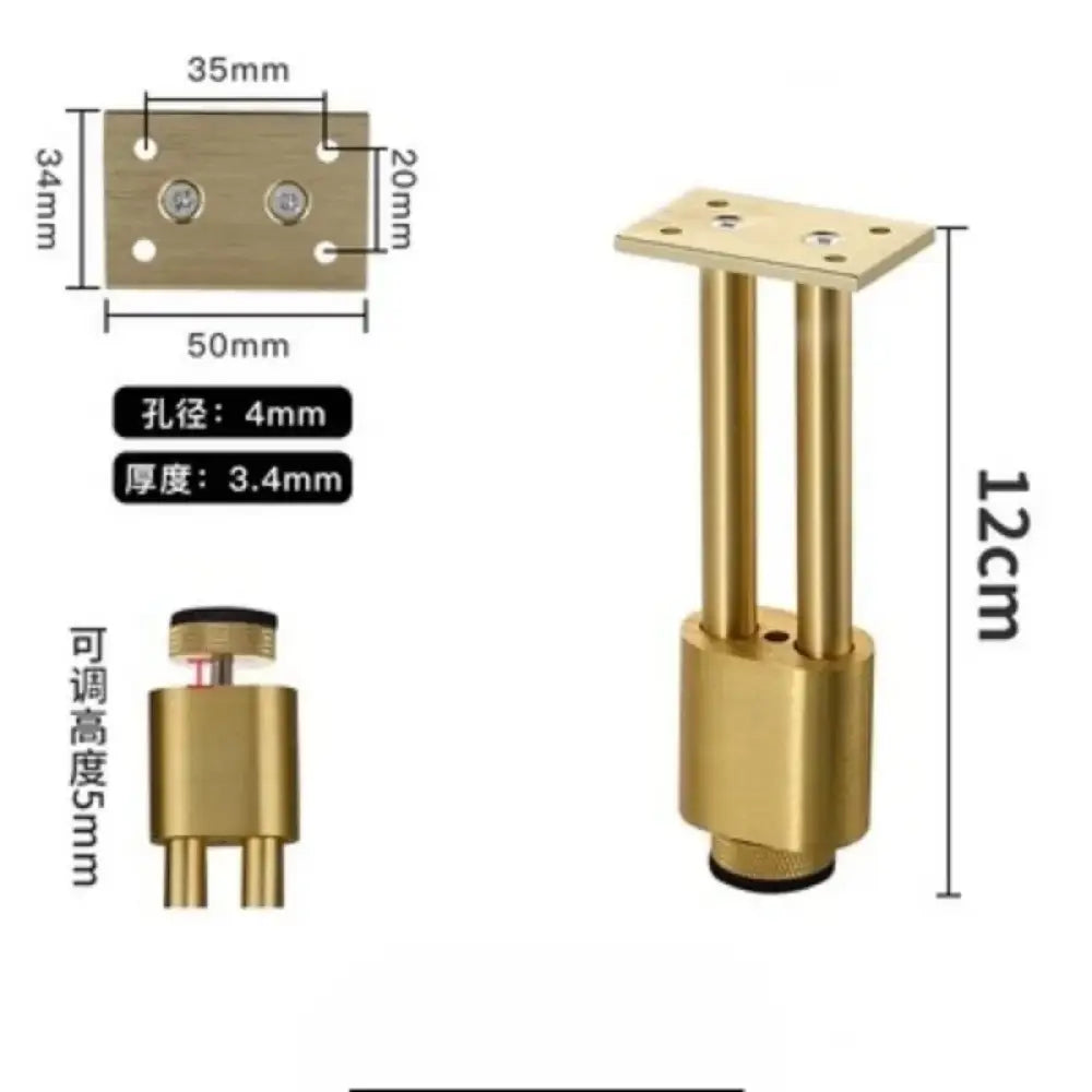 Adjustable gold metal furniture leg with mounting plate, threaded base, 12cm height