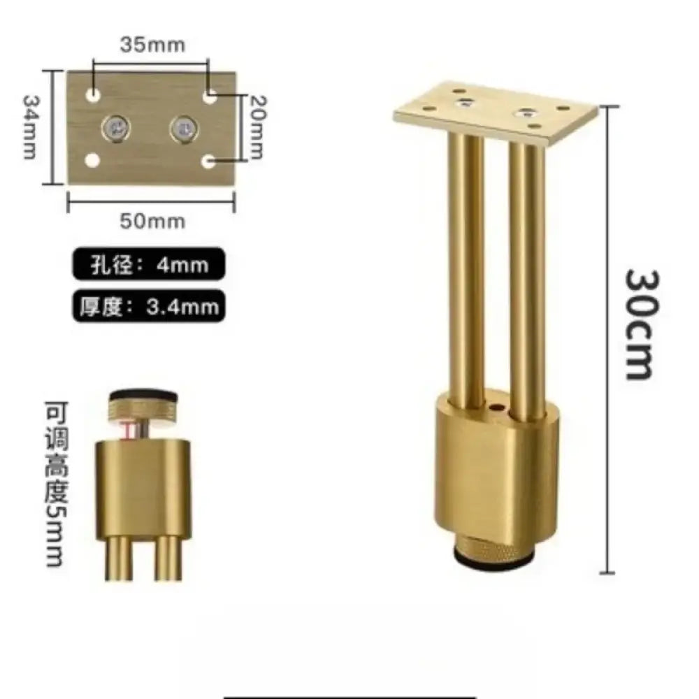 Adjustable gold metal furniture leg with mounting plate, threaded base, 30cm height