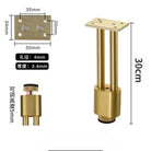 Adjustable gold metal furniture leg with mounting plate, threaded base, 30cm height