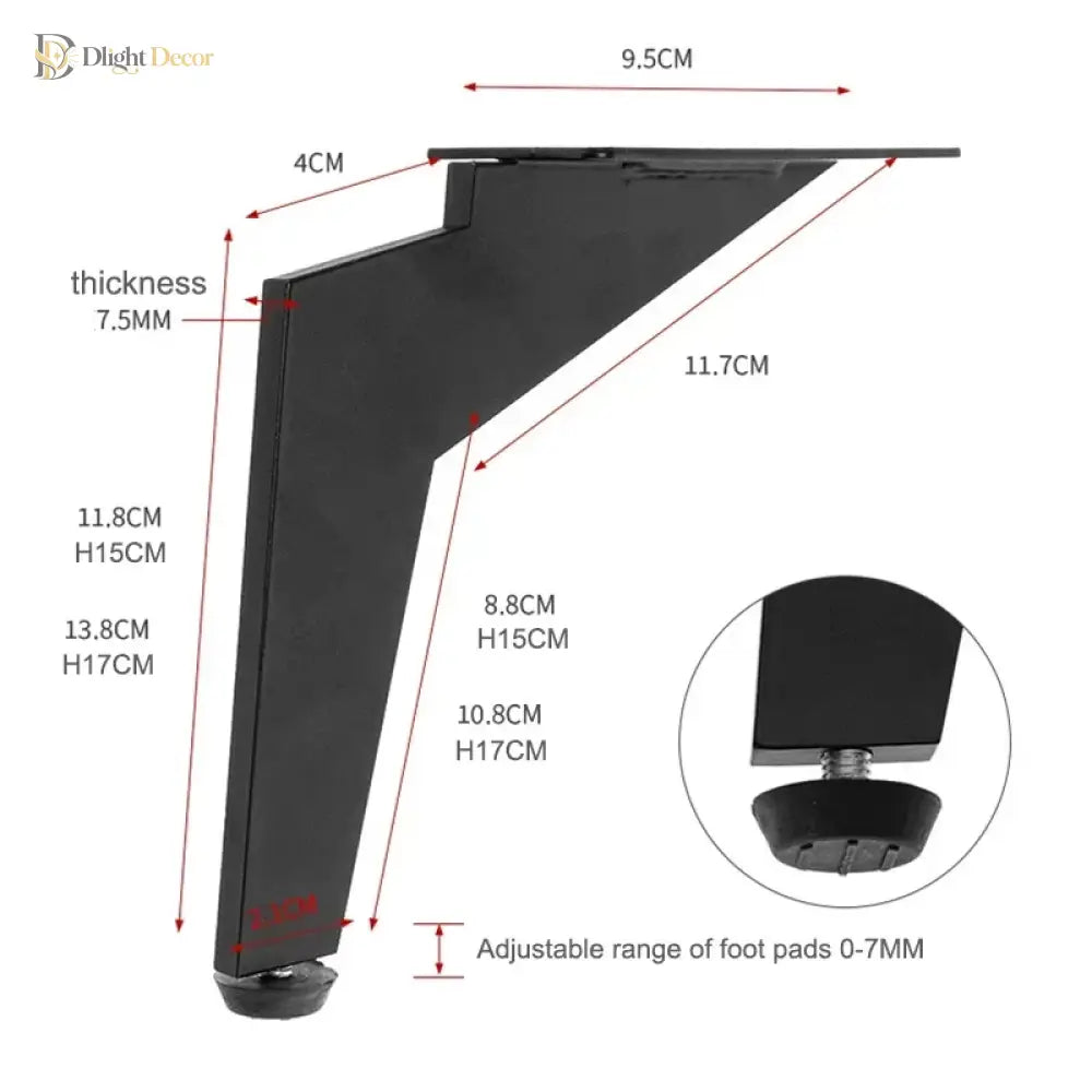 Black metal furniture leg dimensions with adjustable foot range and leveling pad detail