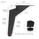 Black metal furniture leg dimensions with adjustable foot range and leveling pad detail