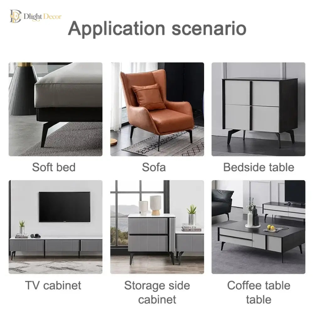 Black metal furniture legs shown on sofa, TV cabinet, storage, and coffee table