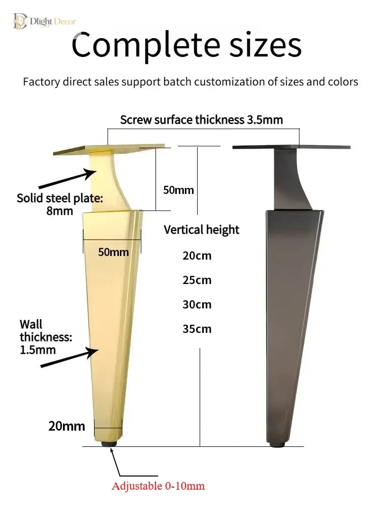Adjustable half-curved furniture leg with size diagram for wall thickness and height