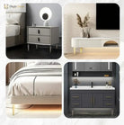 Half-curved furniture legs in gold and black finishes on multiple cabinets and tables