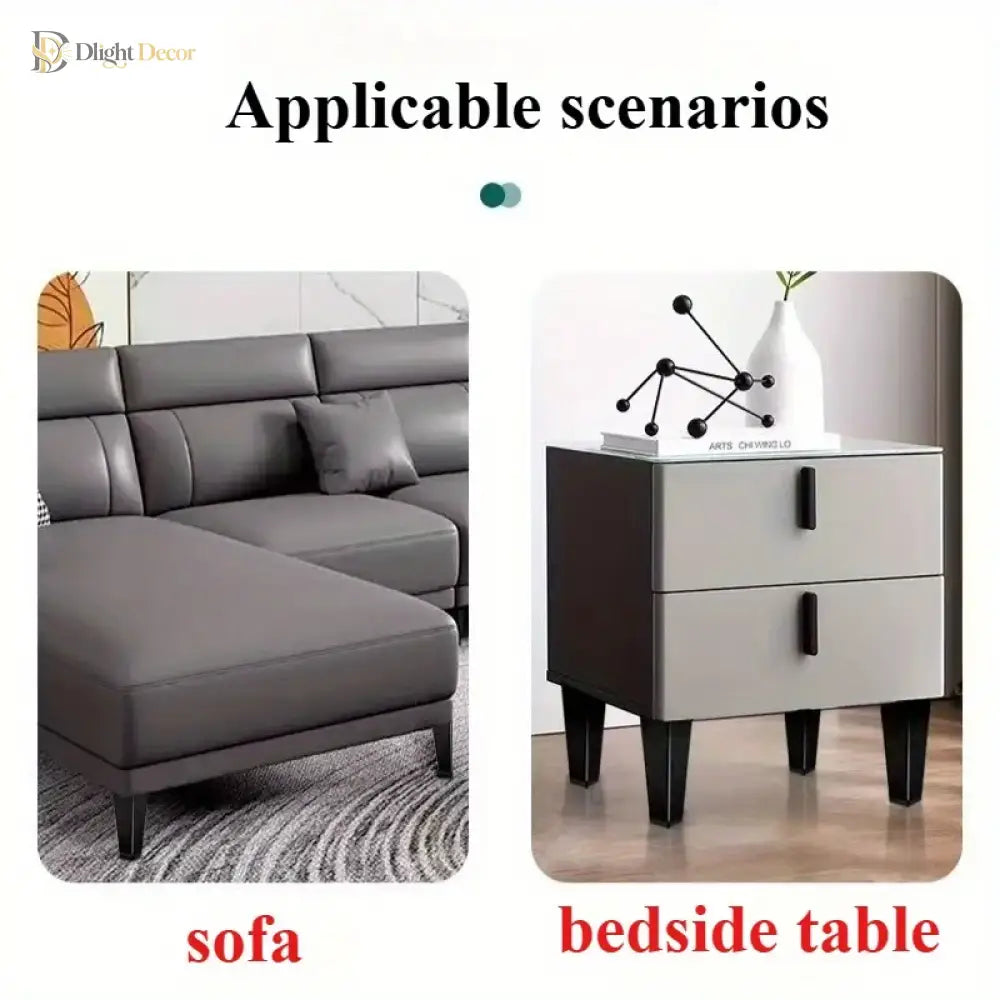 Black metal square tapered furniture legs with top mounting holes shown on furniture