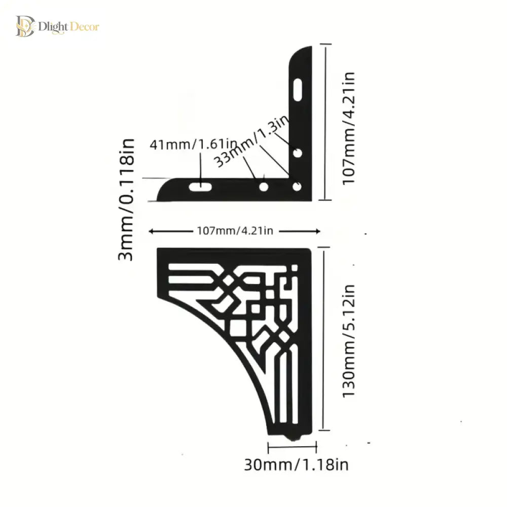 Black metal corner furniture leg bracket with geometric cutouts and size markings