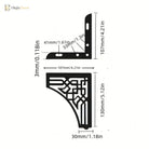 Black metal corner furniture leg bracket with geometric cutouts and size markings