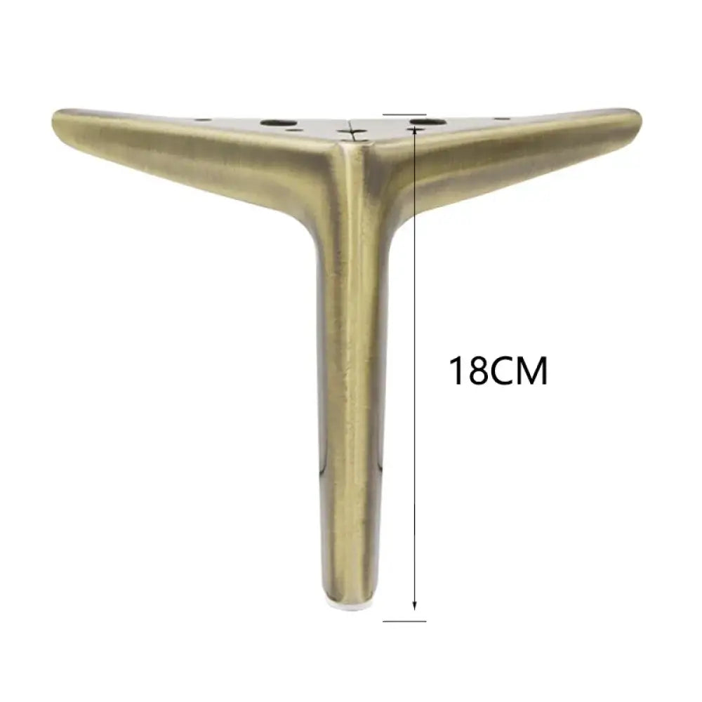 Gold metal furniture leg with triangular base and mounting holes, 18cm height
