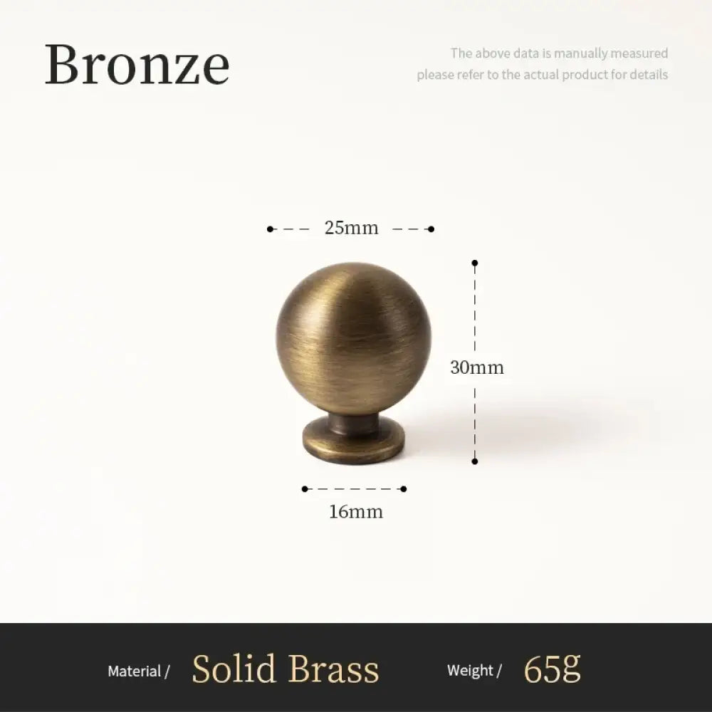 Knob size diagram for solid brass single-hole cabinet handle, 25 mm and 16 mm