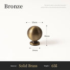 Knob size diagram for solid brass single-hole cabinet handle, 25 mm and 16 mm