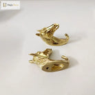 Solid brass horse head cabinet knob pair, side view with mounting holes