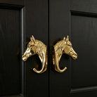 Solid brass horse head cabinet knob, two-piece set with curved hook backs